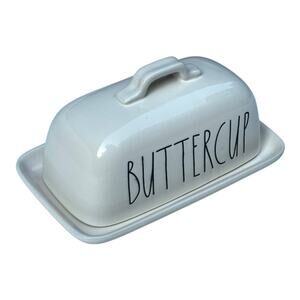 Rae Dunn Ceramic BUTTER DISH White Black Buttercup LG 8” Plate & Cover Lid NWOT